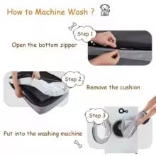 Step-by-step guide on how to machine wash a product with images and text.