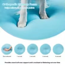 A light blue inflatable dog standing pad shown with a dog's paws on top, plus five circular inset diagrams illustrating support and comfort benefits.