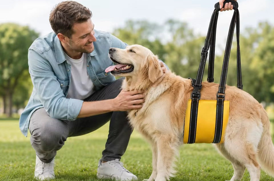 Man kneeling outdoors petting a golden retriever wearing a yellow and black rear-support mobility harness.