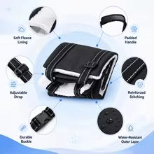 A black and white padded waist wrap or belt shown on a light blue background with circular callout insets highlighting features such as soft fleece lining, padded handle, adjustable strap, reinforced stitching, and water-resistant outer layer.