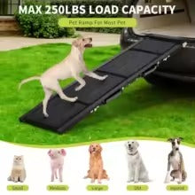 A black pet ramp with a small dog standing on it, shown outdoors on green grass. The image includes marketing text at the top reading 'MAX 250LBS LOAD CAPACITY' and small dog photos along the bottom.