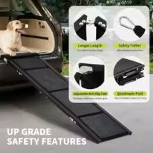 Pet ramp with safety features displayed on a car's open trunk