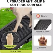 Dog mat with anti-slip and soft rug surface, showing a dog walking on it and a comparison to sandpaper or plastic.